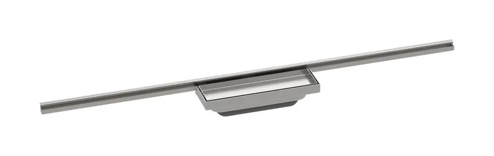 Duschrinne aus Edelstahl mit schmalem Design, bündig in den Boden integriert. Teil der Hansgrohe Produktlinie für eine moderne Badezimmergestaltung.